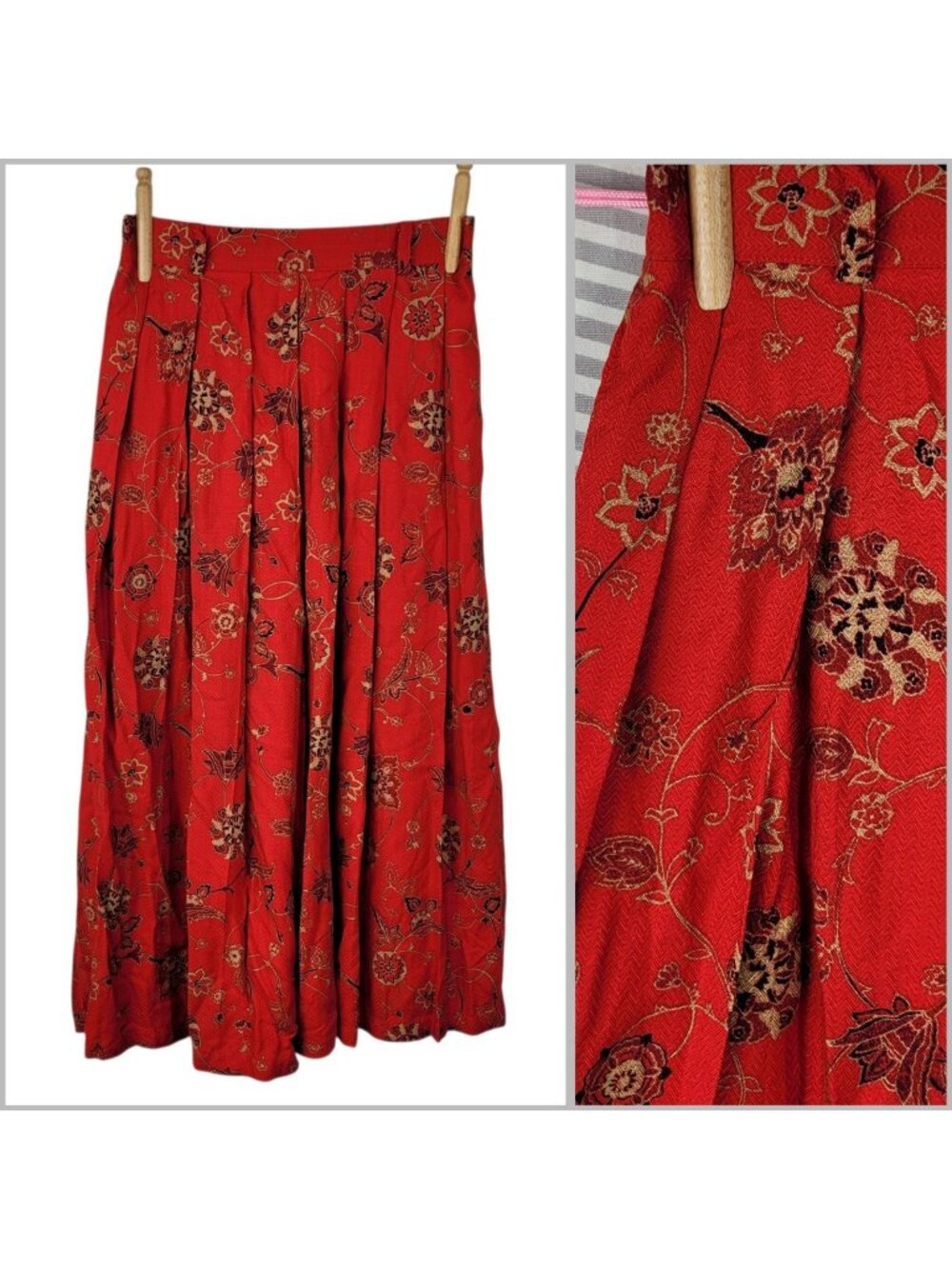 Vintage Skirt Size Small Stretch Waist Academia Pleated Red Midi Long Royalcore